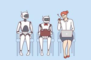 Confused woman sit on chair in line with robots waiting for interview. Frustrated female employee near robotic assistants in office. AI at workplace. Vector illustration.