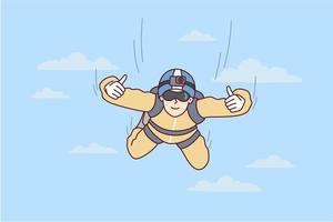 Man skydiver hangs in sky and shows two hands thumbs up after jumping from airplane. Sportsman keen on extreme hobby with camera fixed on forehead flies among clouds. Flat vector illustration