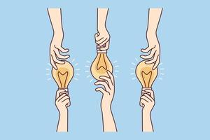 Hands with glowing light bulbs are metaphor for idea or thought-out solution to get rid of problem. People share and exchange development thought or brainstorm. Flat vector illustration