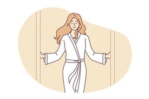 la mujer con bata blanca sale de la ducha con expresión satisfecha se siente aliviada y gratificada. chica en bata de baño mientras visita el centro de spa espera procedimientos agradables. imagen vectorial plana vector