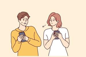 Man hides mobile phone from curious woman peeping and exploding in private space. Girl looks at correspondence of embarrassed boyfriend using social networks in smartphone. Flat vector illustration