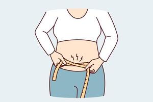 Woman wants to lose extra pounds measures waist size to track result of training. Hands girl with measuring tape to monitor progress after new diet designed to get rid excess weight. Flat vector image