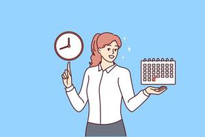 Smiling businesswoman hold finished schedule point at clock. Happy woman employee with good time management skills finish tasks on plan. Vector illustration.