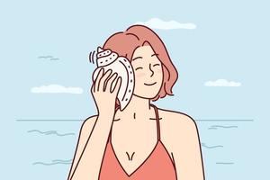 Happy woman listens to sound of sea putting shell to ear and closing eyes dreams of future. Smiling tourist girl stands on beach of sunny resort and enjoys summer vacation on ocean. Flat vector image