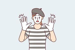 Funny woman clown with white face entertains people by acting as mime and leaning on invisible glass. Girl theater or circus actor stretches out palms to screen to cheer people up. Flat vector design
