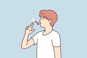 Casual guy teenager puts fingers to lips depicting gun wants to seem like smoker. Youth man lights invisible cigarette suffering from bad habits or nicotine addiction. Flat vector illustration