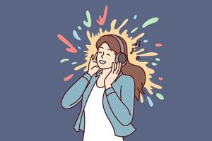 Positive woman meloman listening to music with headphones enjoying favorite pop or rock track. Joyful girl presses earphones to ears and smiles after hearing song from playlist. Flat vector image