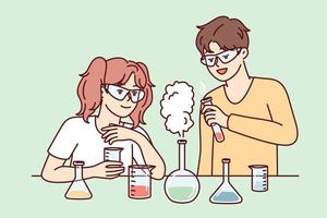 Youth boy and girl conduct chemical experiments standing near table with test tubes and pouring reagents. Elementary school students in goggles experimenting during laboratory work. Flat vector image