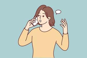 Young woman talking on cellphone shocked with unexpected news. Female have smartphone call surprised with message. Vector illustration.