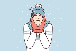 Happy man in sweater and mittens smiling enjoy cold weather and rejoice december holidays. Positive young guy in winter hat and scarf stands outdoors among falling snowflakes. Flat vector design