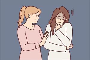 mujer consolando a una amiga que está triste y estresada después de una relación tóxica o intimidatoria. señora sufre de depresión y necesita ayuda de un psicólogo debido a problemas en el trabajo. imagen vectorial plana vector