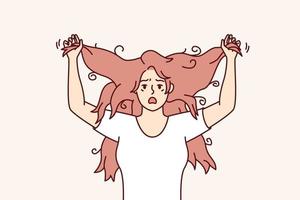 Shocked woman tearing hair on head due to depression or lot of stress suffering from mental disorder. Girl nervous after seeing untidy hairstyle needing to go to hairdresser. Flat vector design