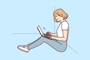 Positive woman freelancer sitting on floor near wall with laptop on lap. girl works remotely in comfortable environment performing instructions of manager via Internet. Flat vector illustration
