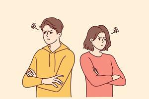 el hombre y la mujer se paran en una pose ofendida después de una pelea o desacuerdo sin querer comunicarse. la familia joven de chico y chica mira en diferentes direcciones con disgusto. diseño vectorial plano vector