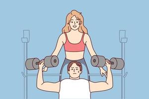 Female trainer help male client workout in gym. Woman athlete or coach train with customer with barbells in sport center. Vector illustration.