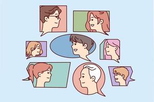 Faces men and women in speech bubbles symbolize public discussion or expression of diverse opinions. Guys and girls participate in brainstorming or mass survey among young people. Flat vector design
