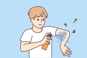 Smiling man applying anti-mosquito spray on arms. Guy use insect repellent keep bugs away outdoors. Vector illustration.