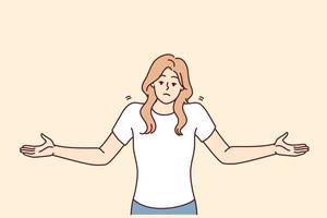 Unsure woman throws up hands demonstrating lack of correct answer to question asked. Non-professional girl in casual clothes shows lack of solution to problems that have arisen. Flat vector image