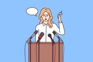 Professional woman politician speaks standing behind wooden tribune with microphones and waving hand. Young girl activist stands for tougher environmental regulations. Flat vector illustration