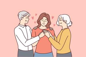 Happy elderly couple hugging grownup girl child showing love and care. Smiling old parents embrace cuddle adult woman. Family reunion. Vector illustration.