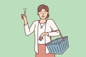 mujer positiva con carrito de compras que muestra el dedo después de tener una idea para comprar o aprender sobre la venta. dama adulta sonriendo haciendo compras en el supermercado. imagen vectorial plana vector