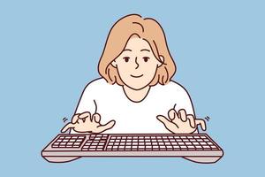 Young woman with typing keyboard looks at screen while typing e-mail message. Girl blogger or internet programmer working in casual clothes fulfilling order from freelance exchange. Flat vector image