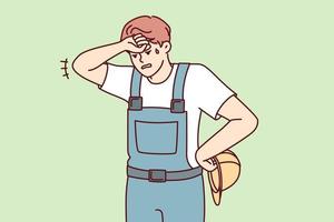 Tired man in construction uniform and safety helmet wiping forehead after completing difficult project. Sweaty guy foreman wearily looks down exhausted at end of day. Flat vector design