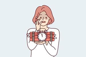 Frightened woman holds bomb and dynamite with clockwork in hand and does not know how to stop explosion. Concept approaching troubles that cannot be avoided. Flat vector illustration