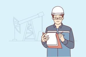 Male engineer in uniform and helmet take notes at construction site. Man worker write in journal working at building area. Engineering concept. Vector illustration.