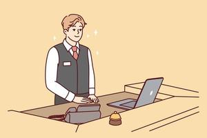 Man working as receptionist in hotel or restaurant stands behind counter with laptop and phone. Happy guy in work suit with badge is waiting for arrival of guests and clients. Flat vector image