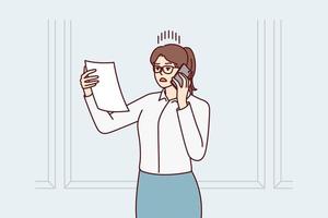 Discouraged woman with phone reading document and nervous about telling interlocutor about problems have arisen. Shocked businesswoman reading court notice or letter from partners. Flat vector image