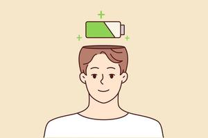 Smiling man with battery above head charging to full capacity. Happy male charge health or life accumulator. Vector illustration.