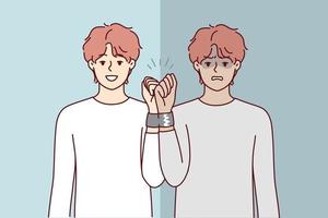 Similar men with tied hands for psychological problems concept. Cheerful and sad guy in reflection with adhesive tape on hand symbolizes internal personality disorder. Flat vector design