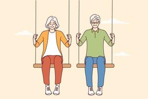 Happy energetic elderly couple siting on swings enjoy maturity together. Smiling active old man and woman have fun relaxing. Vector illustration.