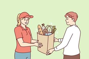 Optimistic woman courier handing out delivered food items to man online store customer. Young girl supermarket worker with smile serves customer and makes career in retail field. Flat vector design