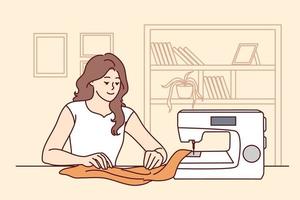 Happy young woman sit at table sew on machine at home. Smiling female seamstress or dressmaker working creating clothes. Hobby concept. Vector illustration.