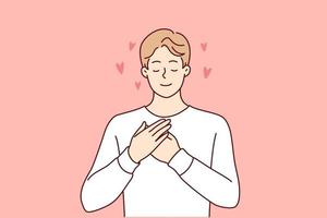Enamored man puts hands on chest demonstrating romantic mood and closes eyes remembering girlfriend. Good-natured guy makes gesture of mercy calling to be volunteer. Flat vector illustration