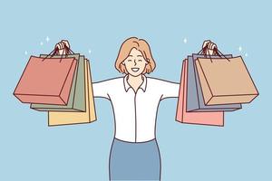 Happy young woman holding paper bags excited with shopping. Smiling female client or customer show purchases buying in mall. Consumerism. Vector illustration.