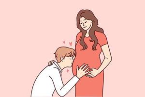 un joven feliz besa el vientre de una mujer embarazada entusiasmado con la paternidad. sonriente futuro padre abrazo esposa. embarazo y paternidad. ilustración vectorial vector