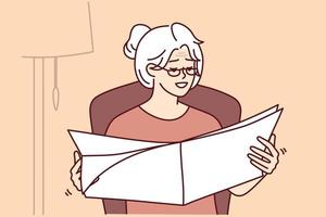 Elderly woman reads newspaper with latest news or announcements sitting in cozy home chair. Gray-haired mature lady in glasses is relaxing looking at favorite magazine. Flat vector illustration