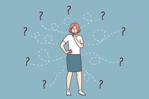 Thoughtful woman solves difficult business problem and scratches chin standing among question marks. Smart girl is brainstorming alone thinking about place for education or career. Flat vector image