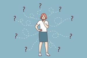 Thoughtful woman solves difficult business problem and scratches chin standing among question marks. Smart girl is brainstorming alone thinking about place for education or career. Flat vector image