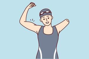 Woman swimmer with one arm demonstrates strength by raising fist and showing biceps as sign of victory in competition. Happy disabled girl dressed in swimsuit and swimming cap. Flat vector image