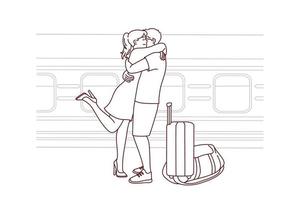 reunión de abrazo de pareja feliz en la estación de tren vector