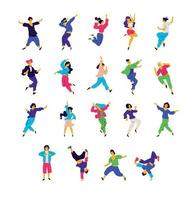 A group of dancing people in different poses and emotions. Vector. Illustrations of men and women. Flat style. A group of happy teenagers are dancing and having fun. Dance studio. vector