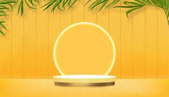 Summer background,3D Cylinder Pedestal Podium with neon light,Plam leaf on Yellow Wooden panel background,Vector horizon backdrop with topical green leaves on wood plank texture for Spring, Summer vector