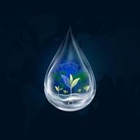 fondo del día mundial del agua con gota de agua 3d con planta en crecimiento bajo agua limpia en el fondo del mapa mundial del globo, gota de lluvia de transparencia única de banner vectorial con árbol joven para el concepto de feliz día de la tierra vector