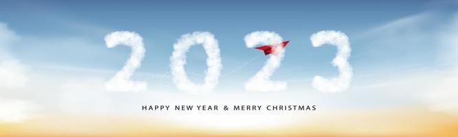 2023 Happy new year Clouds with Red Paper Airplane flying up to Sky,Horizon Vector illustration text 2023 on blue background for Calendar,Wide  Banner design for New Year Year or Christmas Holiday