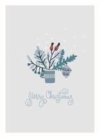 Merry Christmas greeting card template. Minimalistic design with branch arrangement. Twigs with leaves and berries in a cup, snowflakes, hand lettering on blue background vector