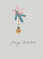 Merry Christmas greeting card template. Minimalistic design with branch arrangement. Twigs with leaves and berries in a cup, snowflakes, hand lettering on blue background vector